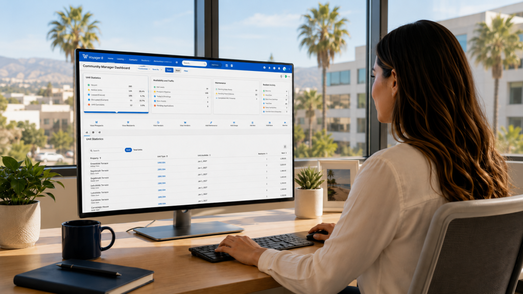 Property manager using the Yardi Voyager Community Manager Dashboard at a desk with a Southern California view