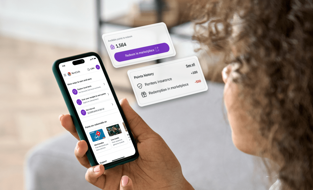 RentCafe Suite rewards dashboard showing resident points, renewal reminders and loyalty program benefits