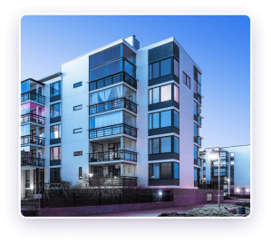 An image of a multifamily building in a white rectangular border