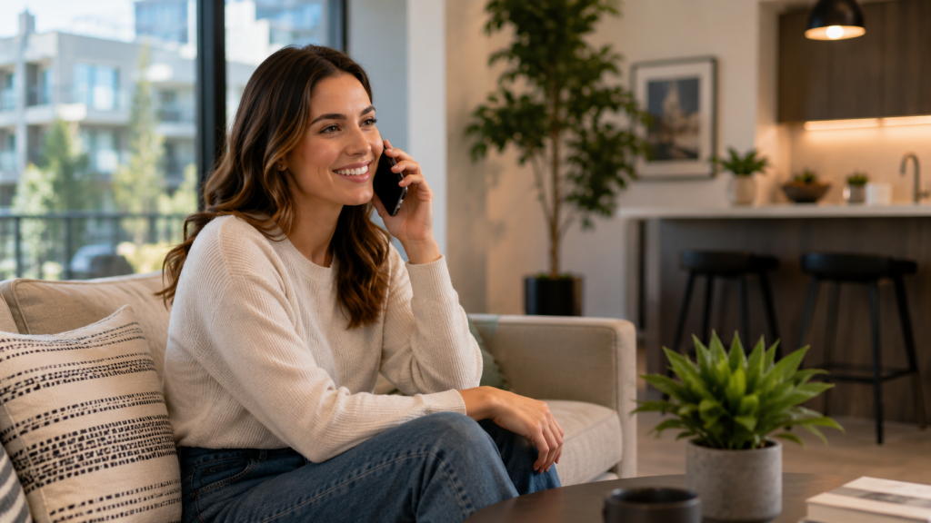 A leasing agent at a modern apartment community desk engaged in a face-to-face conversation with a prospective renter