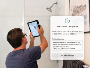 Maintenance IQ maintenance record showing timestamped photos, inspection observations and charge records tied to a work order