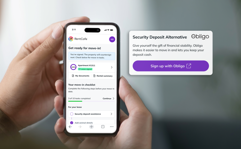The RentCafe move-in checklist being shown on a smart phone with a pop out for a security deposit alternative through Obligo